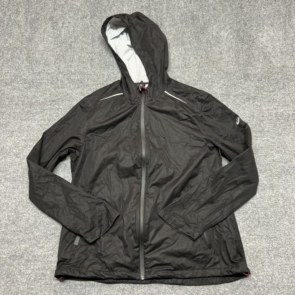 ASICS Jacket Womens XL Black Hooded Windbreaker Running Reflective Lightweight